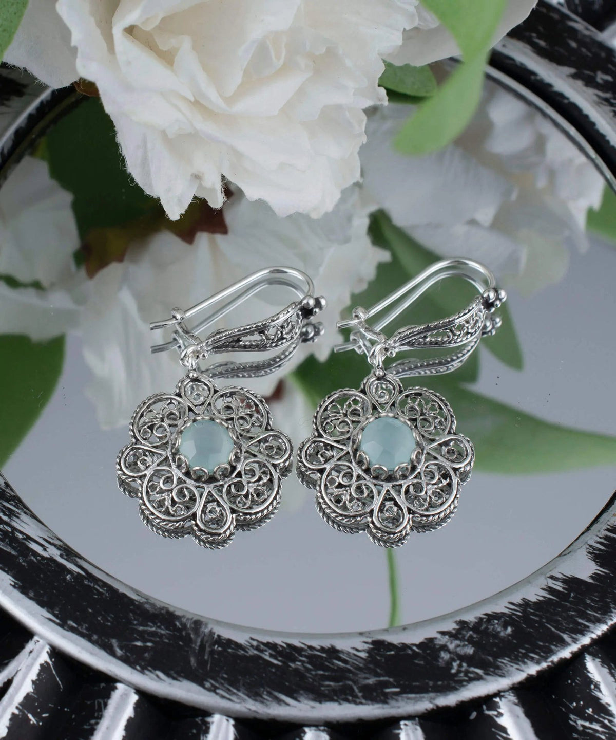 Sterling Silver Filigree Art Aqua Chalcedony Gemstone Women Dangle Drop Earrings - Drakoi Marketplace