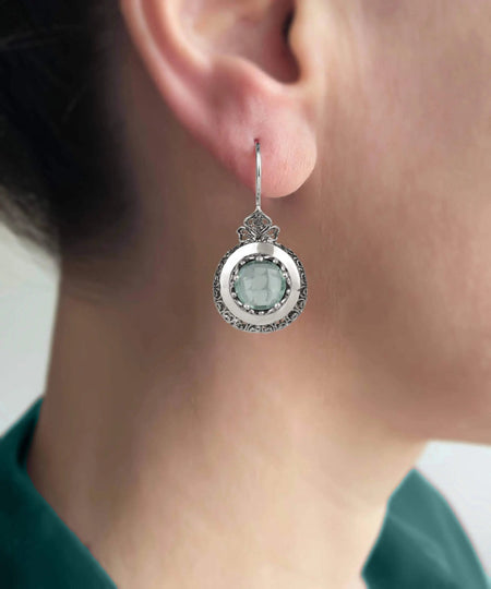 Sterling Silver Filigree Art Aquamarine Gemstone Women Drop Earrings - Drakoi Marketplace