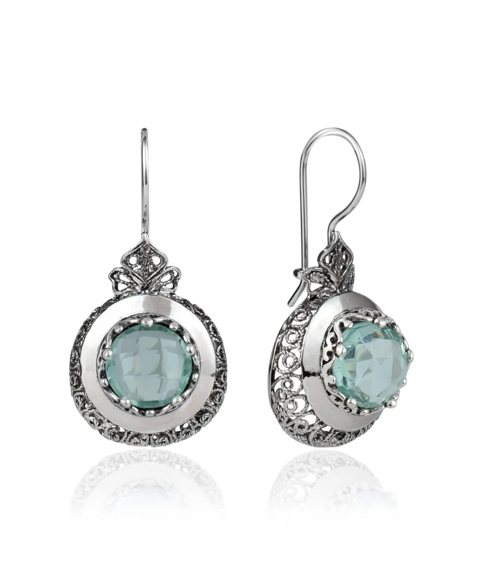 Sterling Silver Filigree Art Aquamarine Gemstone Women Drop Earrings - Drakoi Marketplace