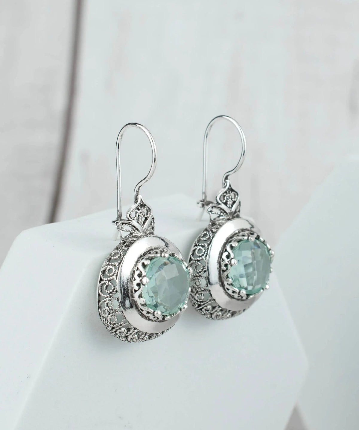 Sterling Silver Filigree Art Aquamarine Gemstone Women Drop Earrings - Drakoi Marketplace