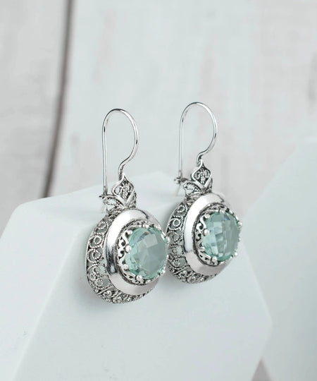 Sterling Silver Filigree Art Aquamarine Gemstone Women Drop Earrings - Drakoi Marketplace