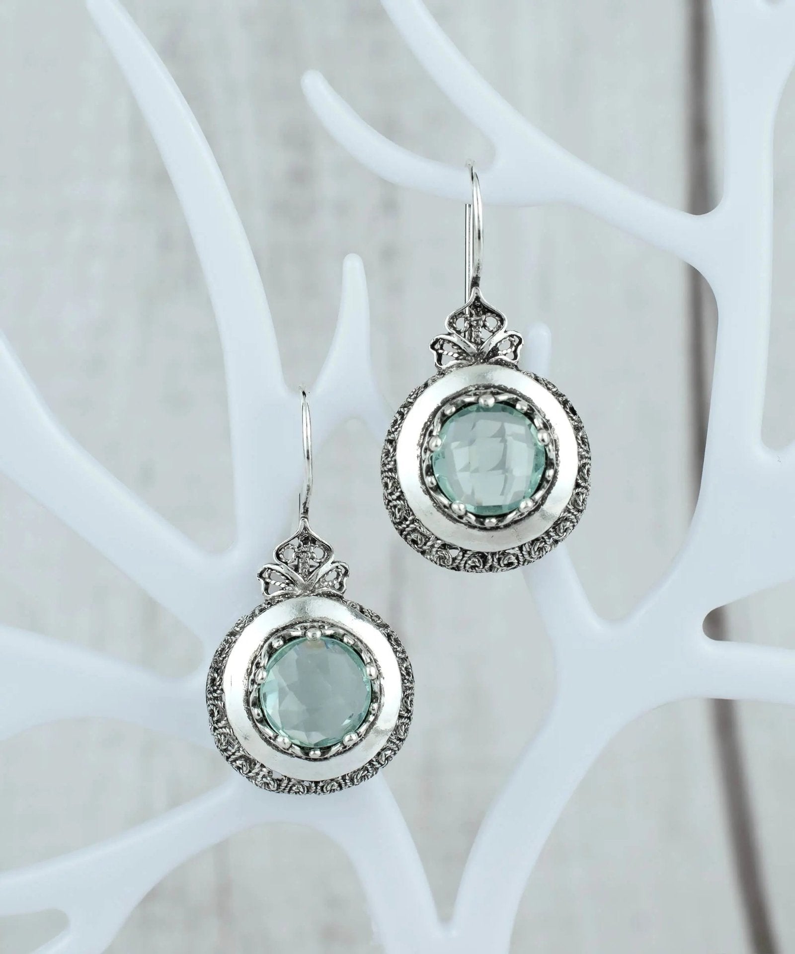 Sterling Silver Filigree Art Aquamarine Gemstone Women Drop Earrings - Drakoi Marketplace