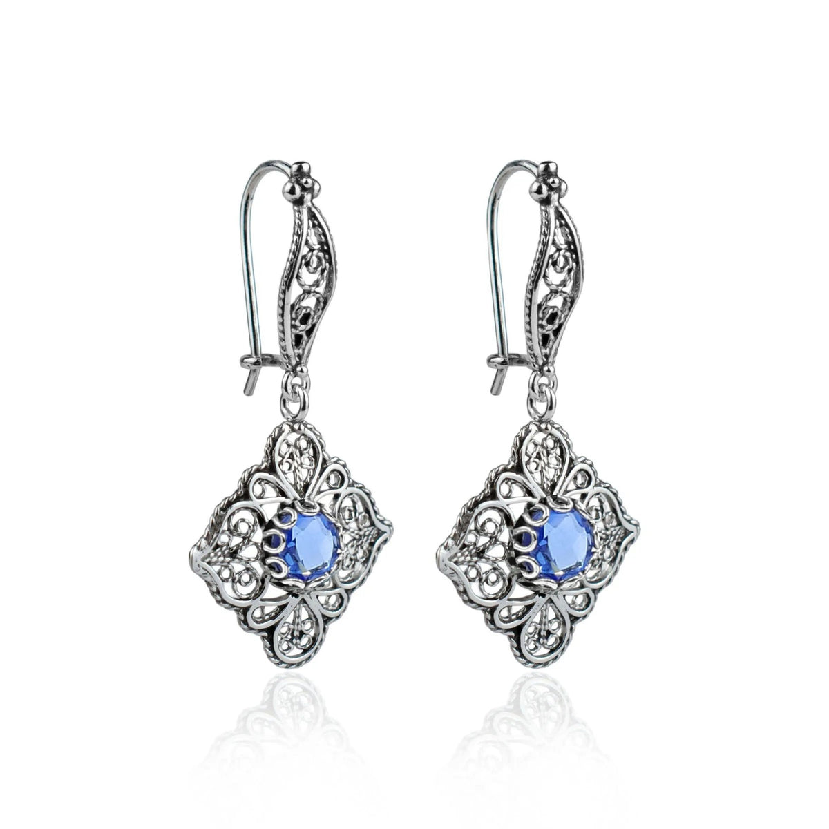 Sterling Silver Filigree Art Blue Quartz Gemstone Women Dangle Drop Earrings - Drakoi Marketplace