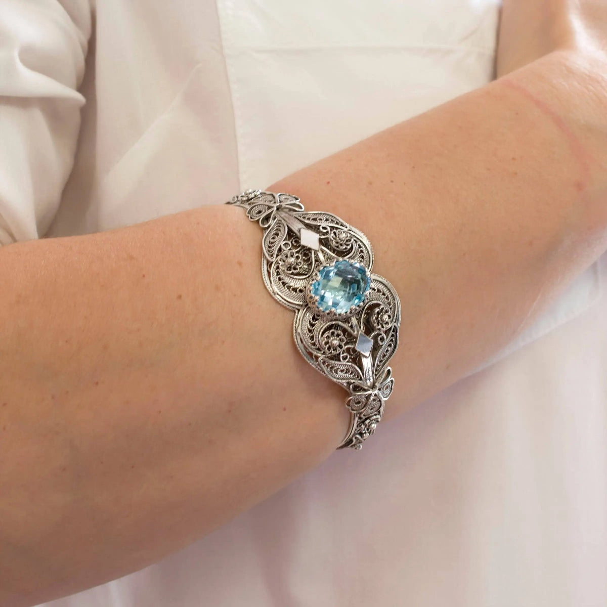 Sterling Silver Filigree Art Blue Topaz Gemstone Women Cuff Bracelet - Drakoi Marketplace