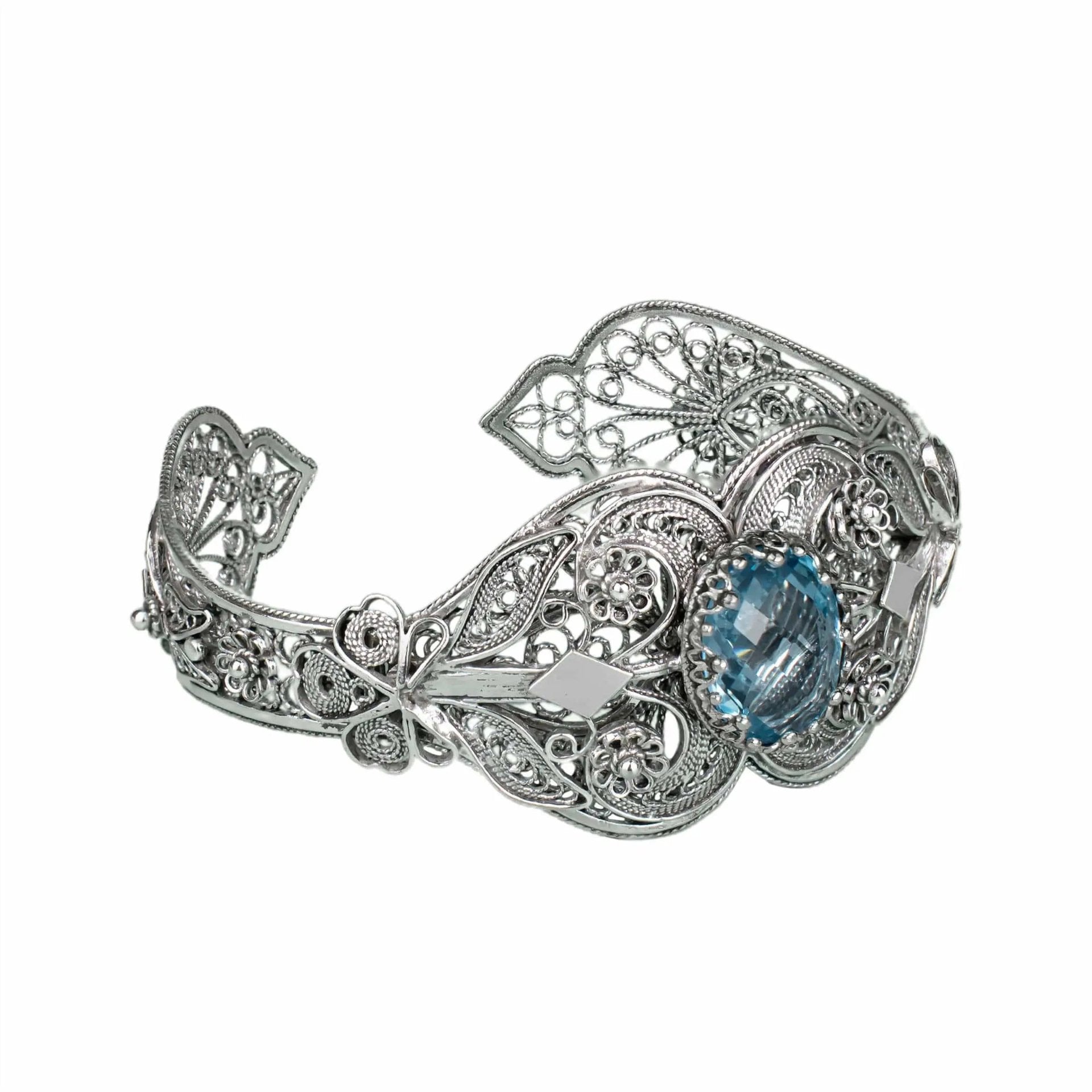 Sterling Silver Filigree Art Blue Topaz Gemstone Women Cuff Bracelet - Drakoi Marketplace