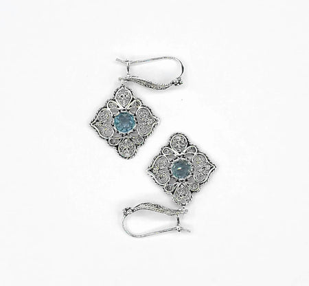 Sterling Silver Filigree Art Blue Topaz Gemstone Women Dangle Drop Earrings - Drakoi Marketplace