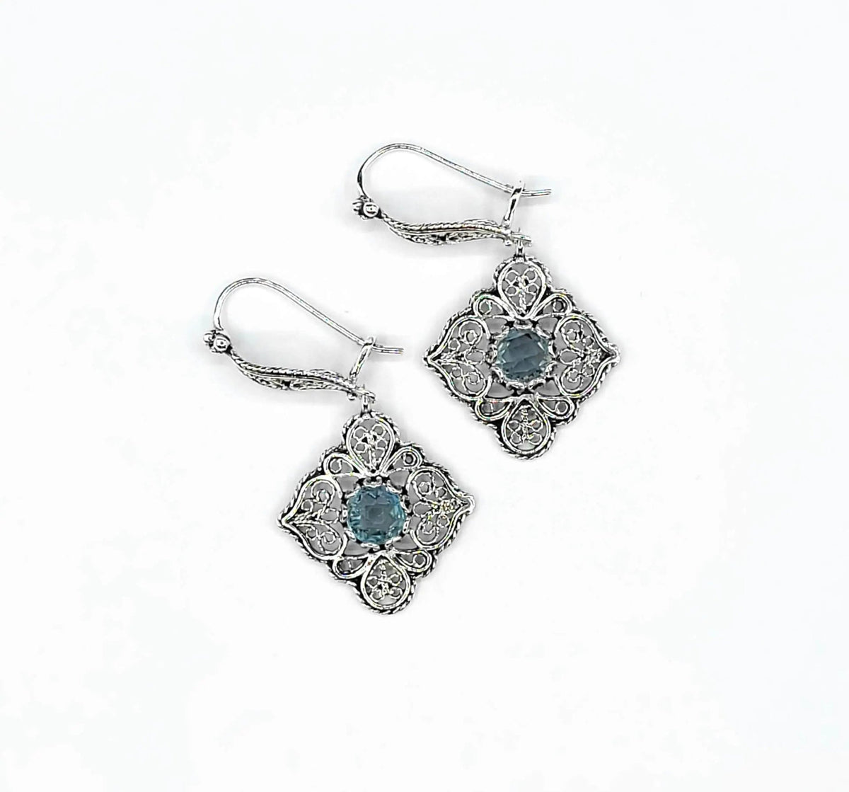 Sterling Silver Filigree Art Blue Topaz Gemstone Women Dangle Drop Earrings - Drakoi Marketplace