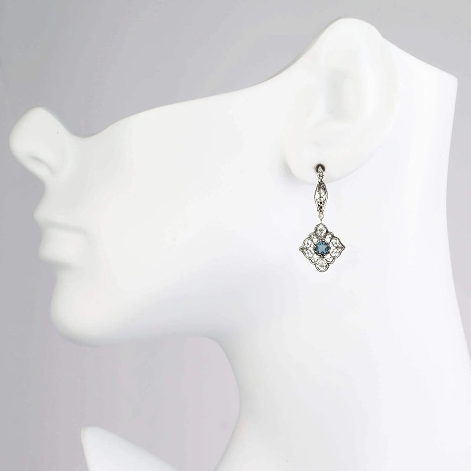 Sterling Silver Filigree Art Blue Topaz Gemstone Women Dangle Drop Earrings - Drakoi Marketplace