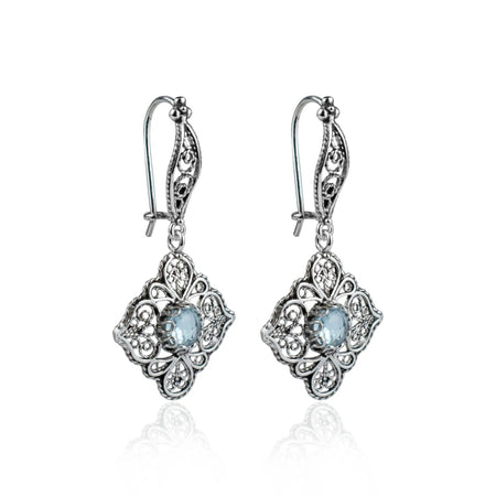 Sterling Silver Filigree Art Blue Topaz Gemstone Women Dangle Drop Earrings - Drakoi Marketplace