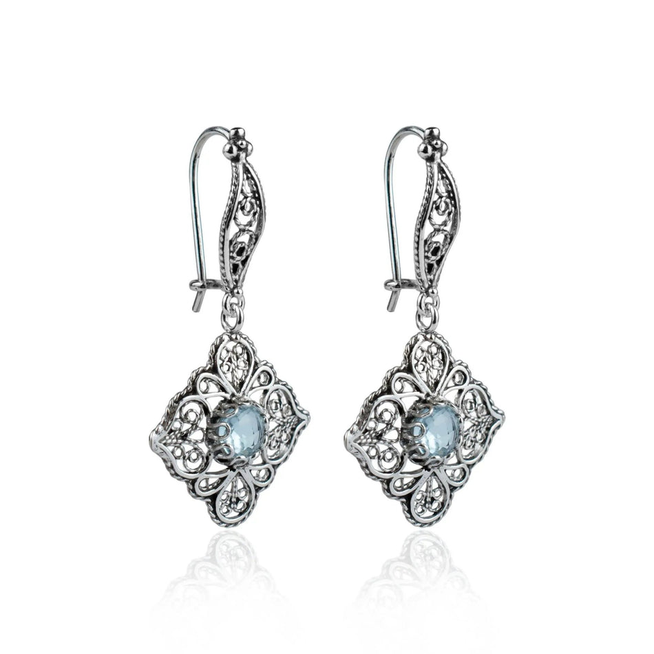 Sterling Silver Filigree Art Blue Topaz Gemstone Women Dangle Drop Earrings - Drakoi Marketplace