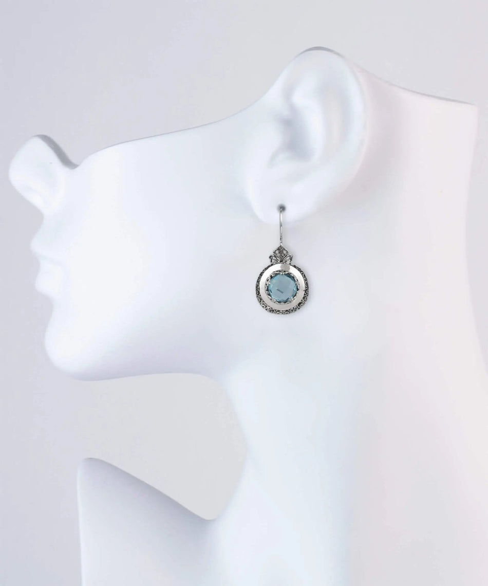 Sterling Silver Filigree Art Blue Topaz Gemstone Women Drop Earrings - Drakoi Marketplace