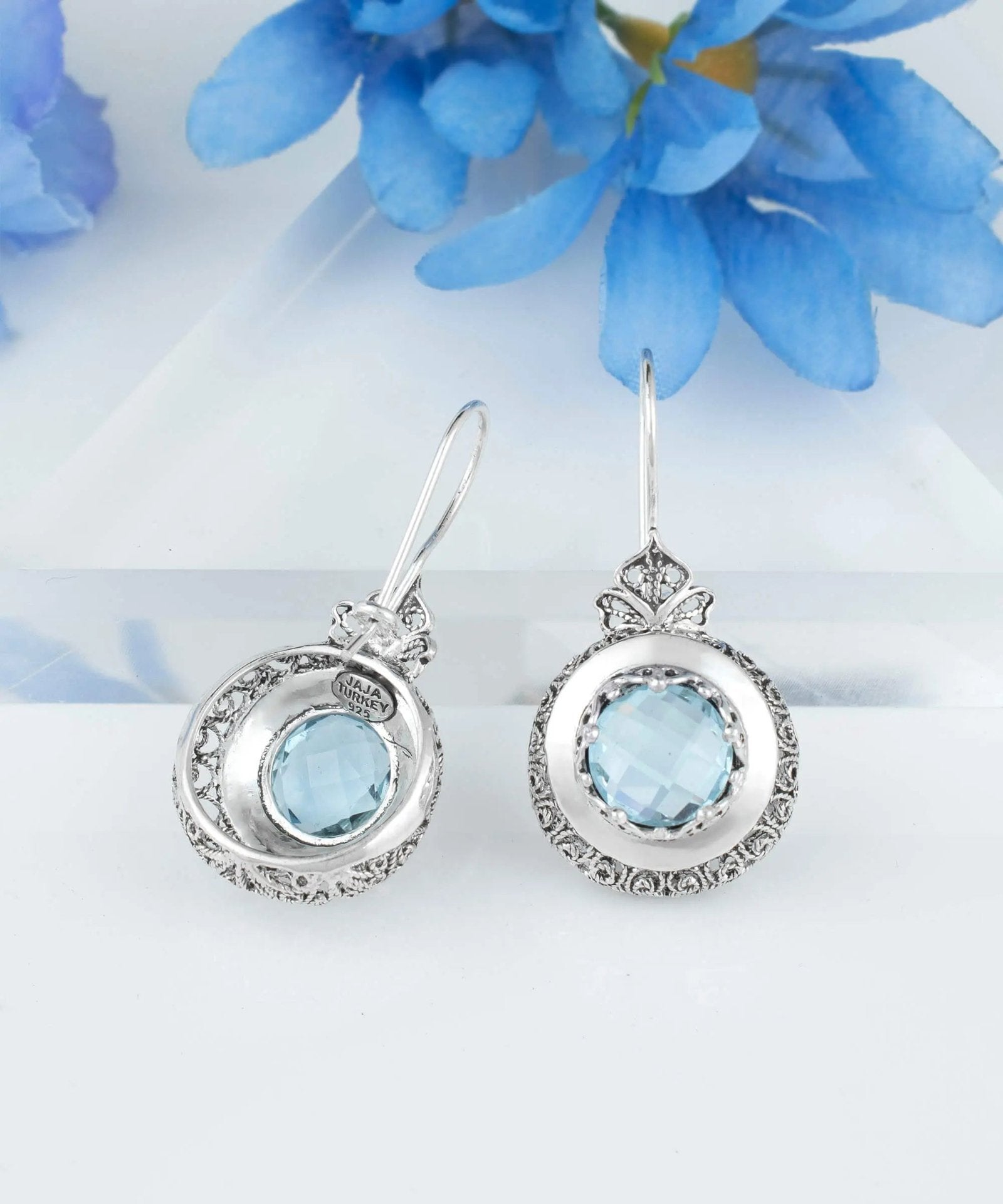 Sterling Silver Filigree Art Blue Topaz Gemstone Women Drop Earrings - Drakoi Marketplace