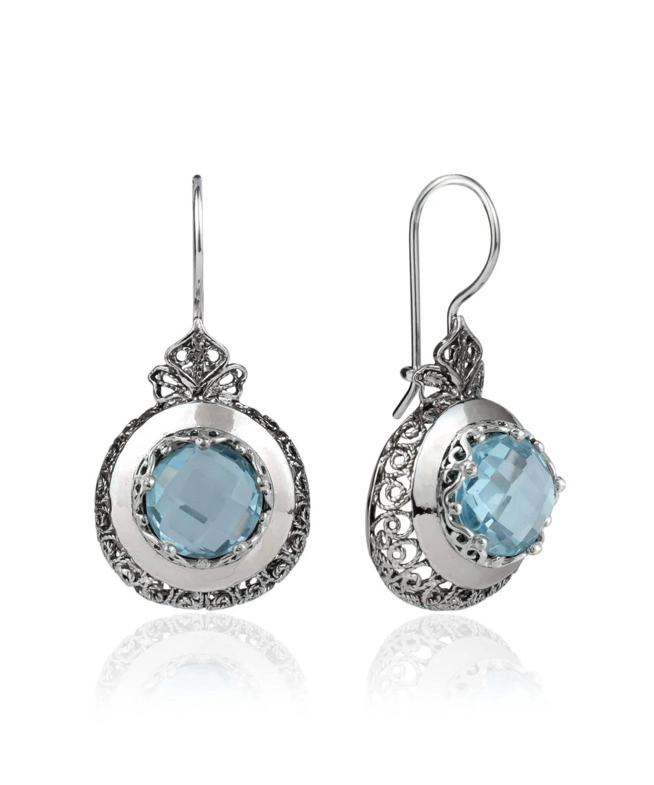 Sterling Silver Filigree Art Blue Topaz Gemstone Women Drop Earrings - Drakoi Marketplace