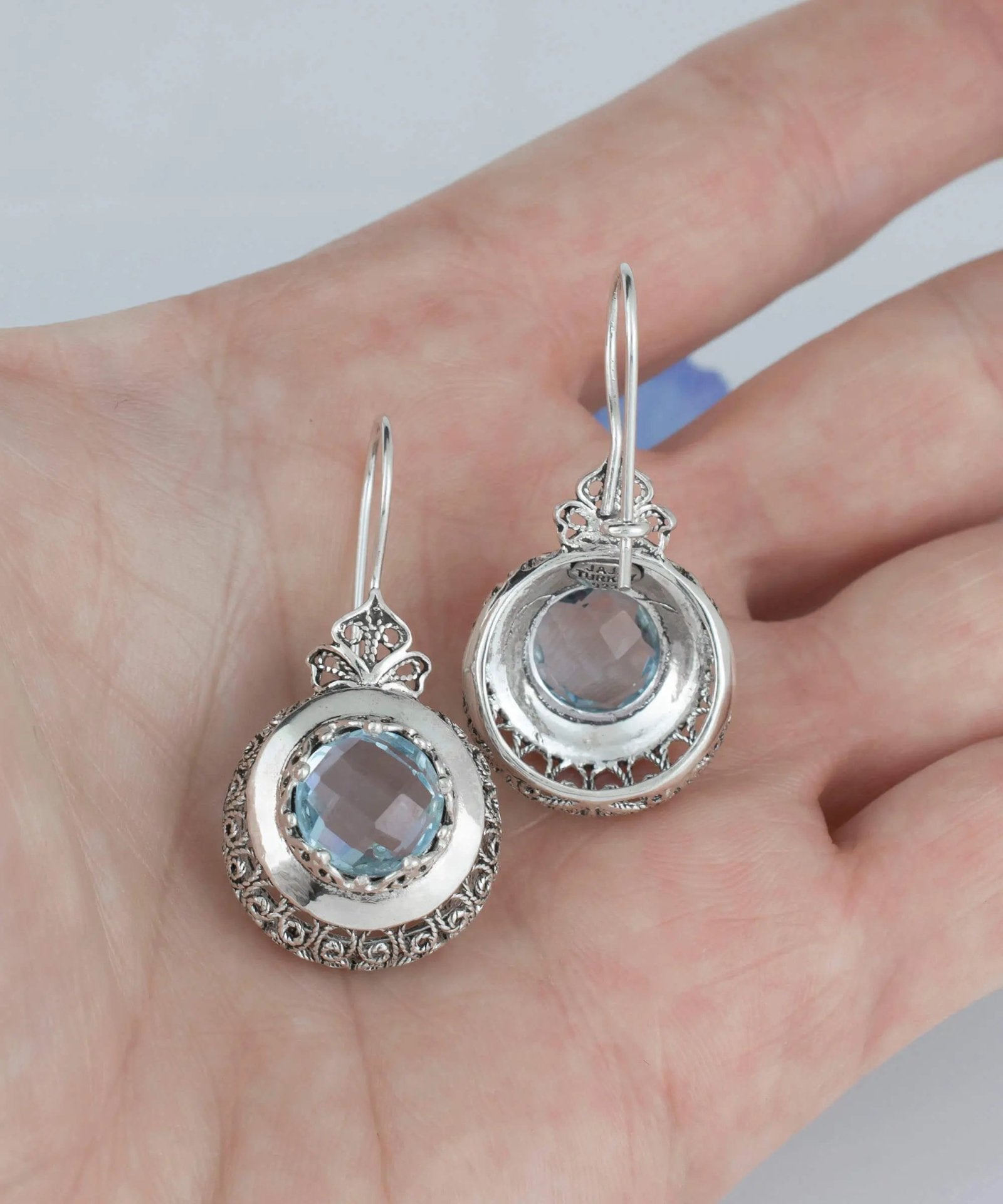 Sterling Silver Filigree Art Blue Topaz Gemstone Women Drop Earrings - Drakoi Marketplace