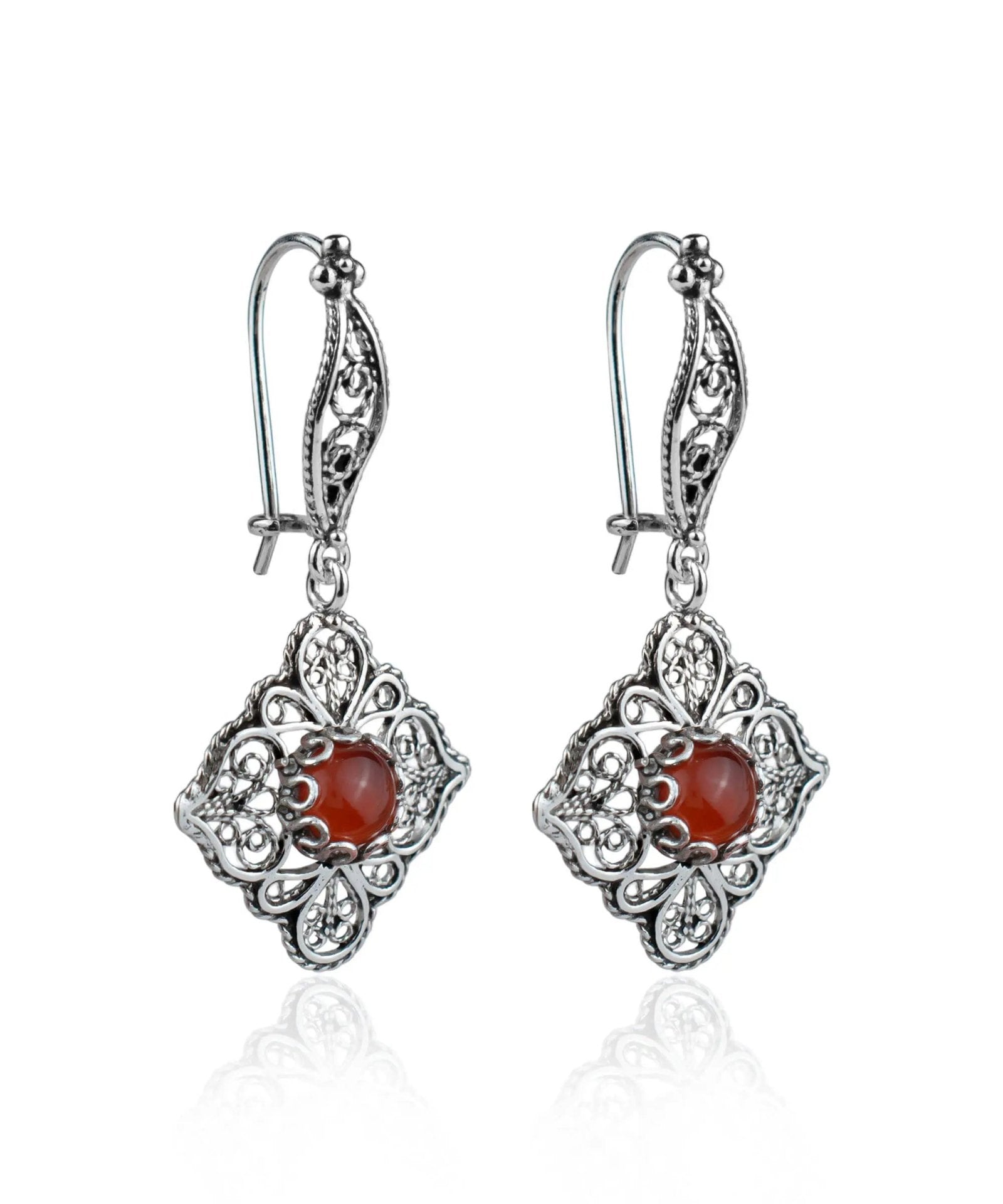 Sterling Silver Filigree Art Carnelian Gemstone Women Dangle Drop Earrings - Drakoi Marketplace