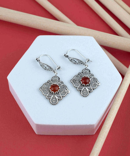 Sterling Silver Filigree Art Carnelian Gemstone Women Dangle Drop Earrings - Drakoi Marketplace