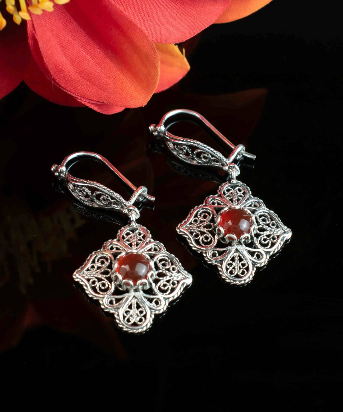 Sterling Silver Filigree Art Carnelian Gemstone Women Dangle Drop Earrings - Drakoi Marketplace