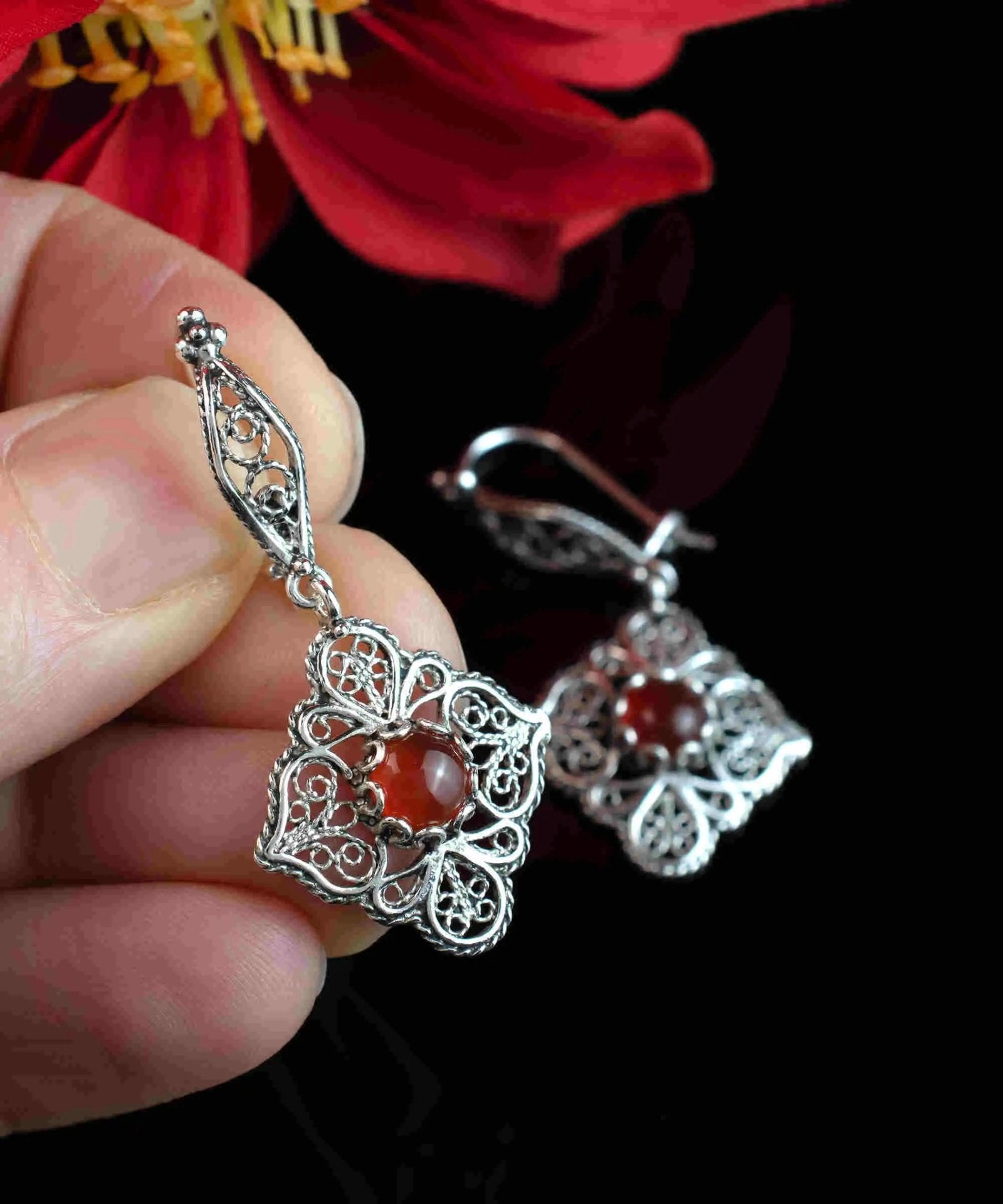 Sterling Silver Filigree Art Carnelian Gemstone Women Dangle Drop Earrings - Drakoi Marketplace