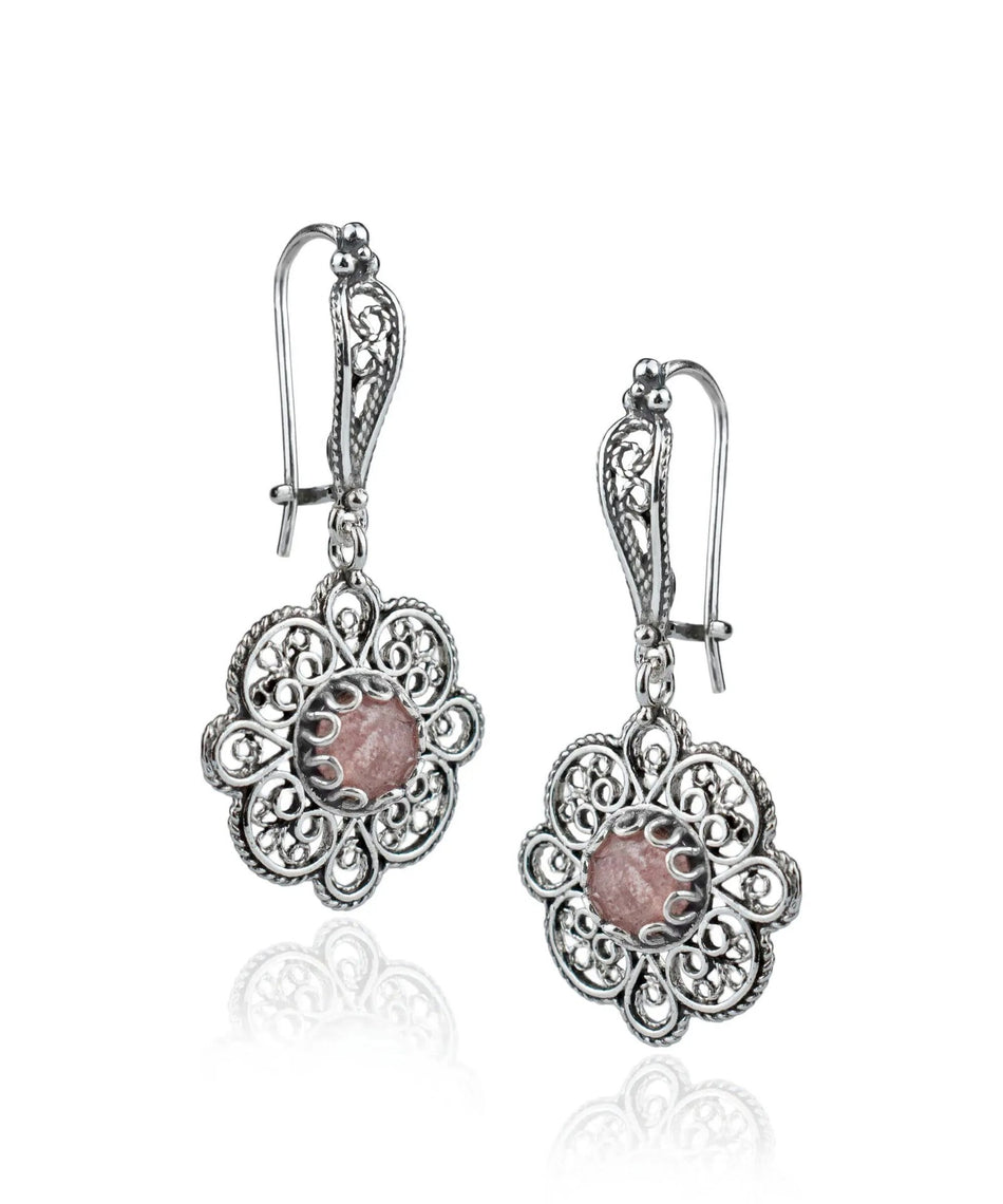 Sterling Silver Filigree Art Cherry Quartz Gemstone Women Dangle Drop Earrings - Drakoi Marketplace