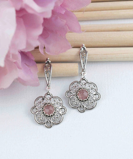 Sterling Silver Filigree Art Cherry Quartz Gemstone Women Dangle Drop Earrings - Drakoi Marketplace