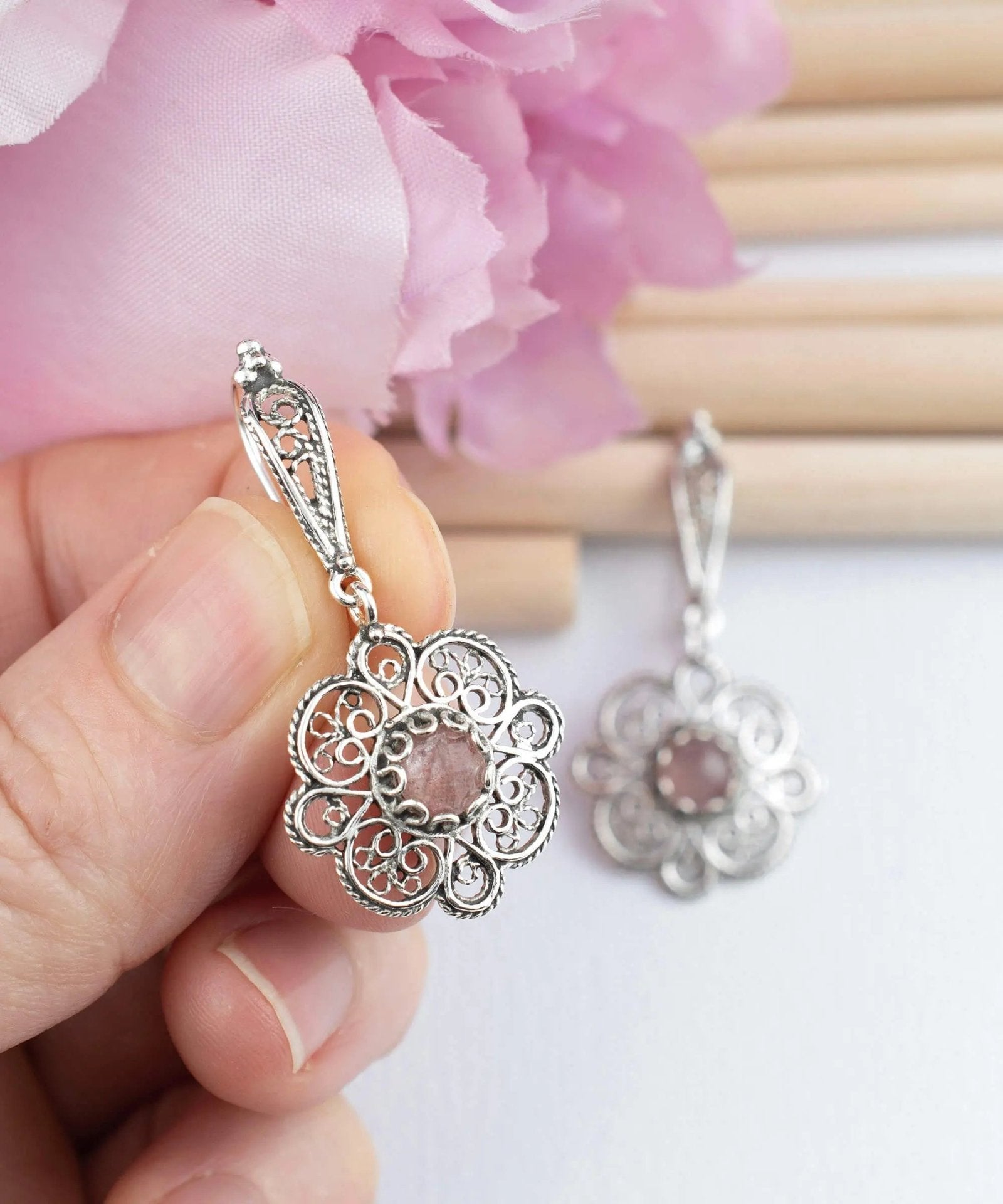 Sterling Silver Filigree Art Cherry Quartz Gemstone Women Dangle Drop Earrings - Drakoi Marketplace