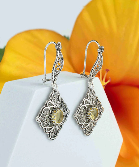 Sterling Silver Filigree Art Citrine Gemstone Women Dangle Drop Earrings - Drakoi Marketplace