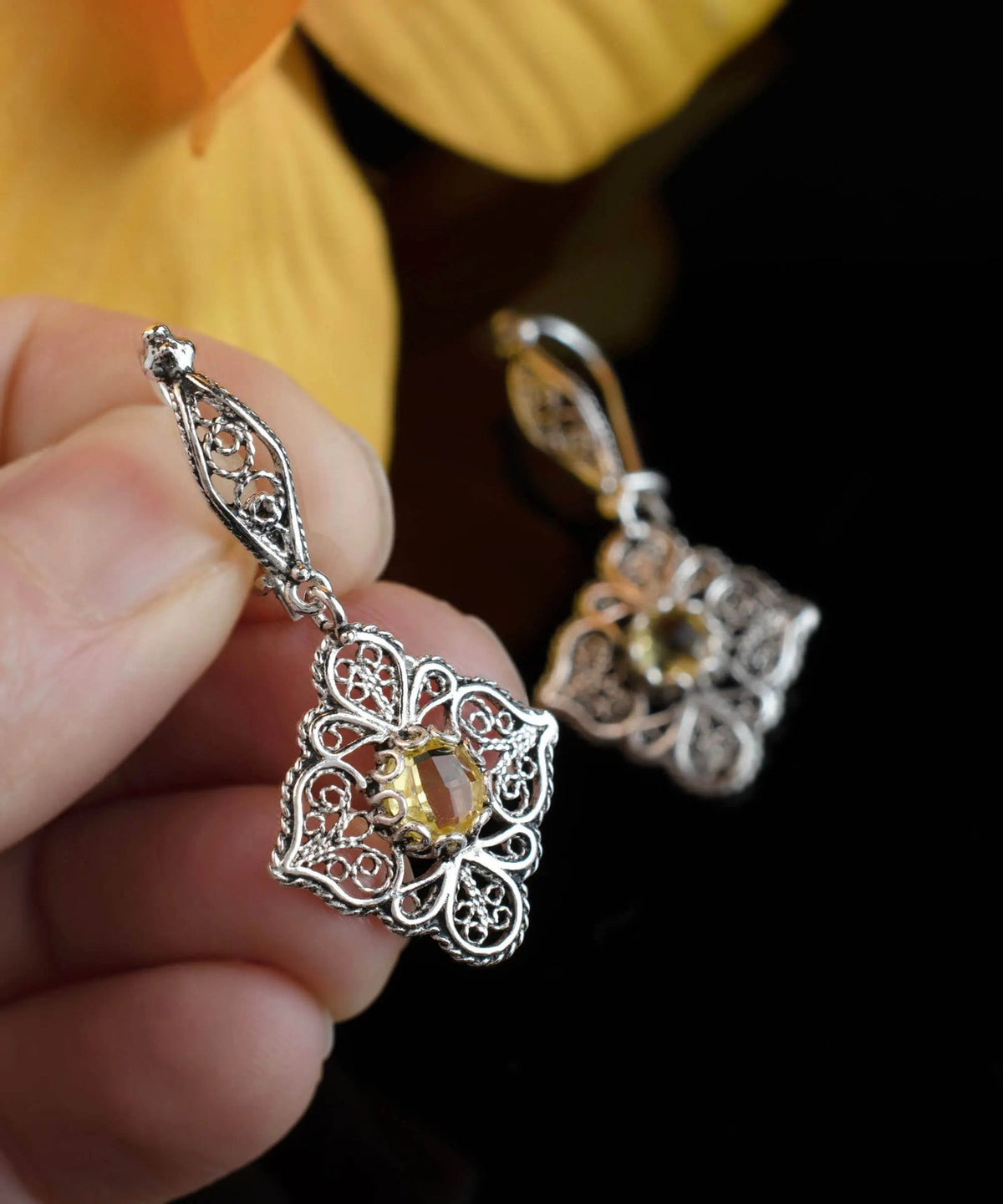 Sterling Silver Filigree Art Citrine Gemstone Women Dangle Drop Earrings - Drakoi Marketplace