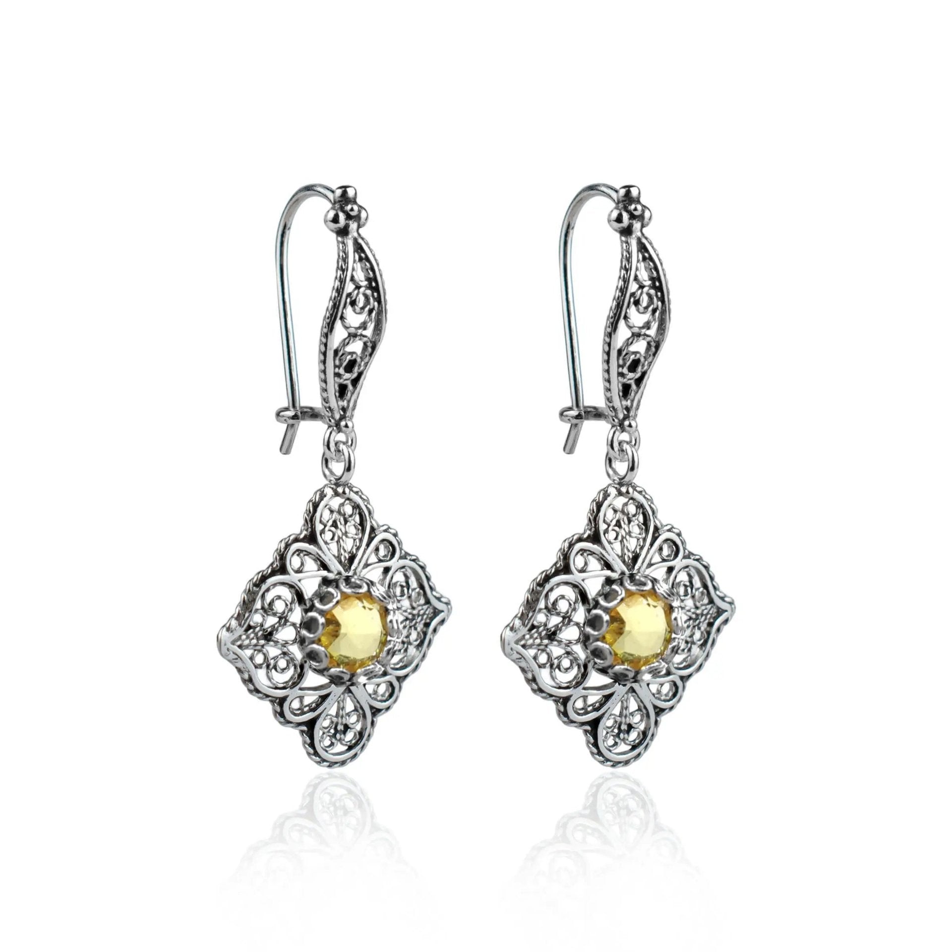 Sterling Silver Filigree Art Citrine Gemstone Women Dangle Drop Earrings - Drakoi Marketplace