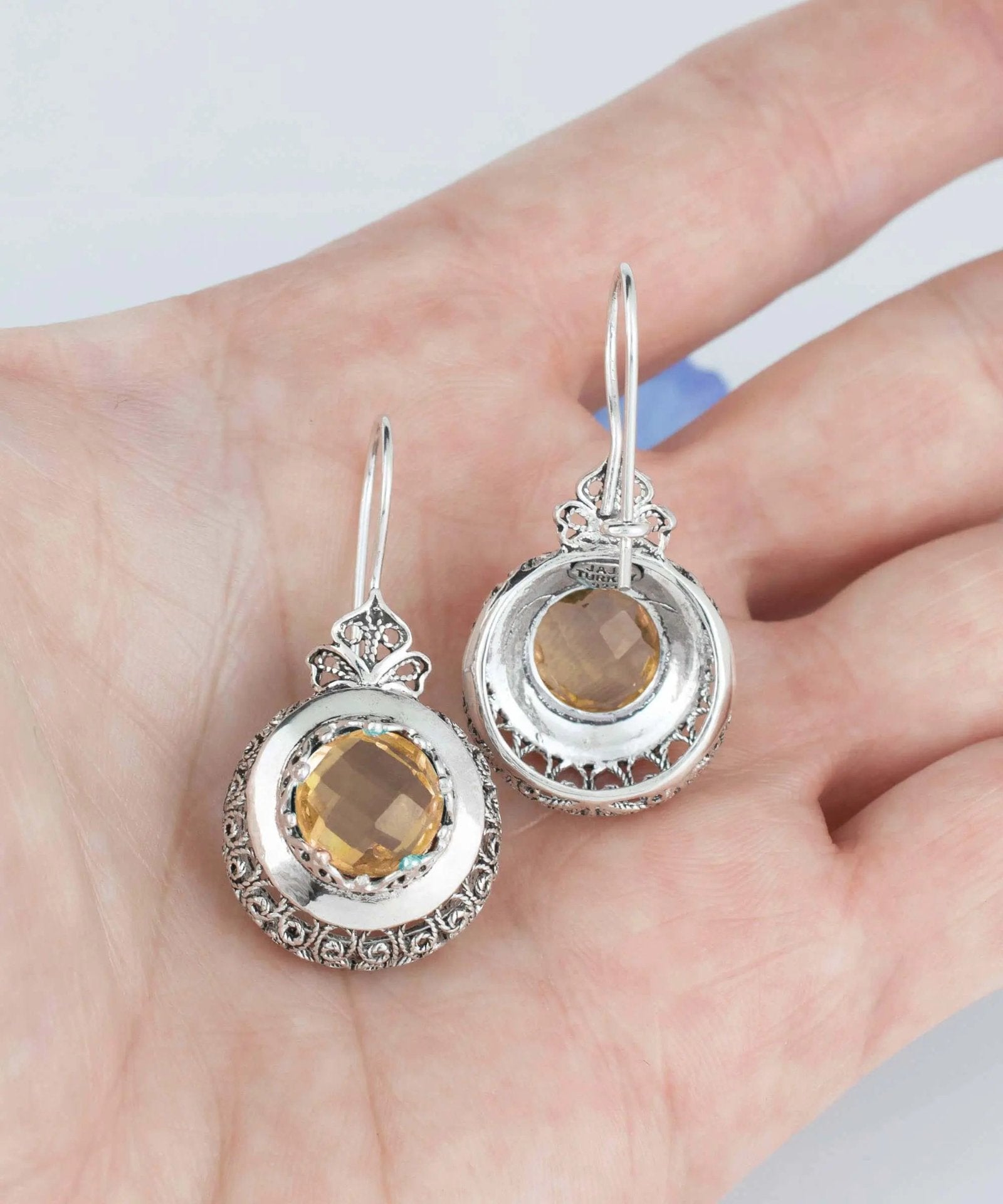 Sterling Silver Filigree Art Citrine Gemstone Women Drop Earrings - Drakoi Marketplace