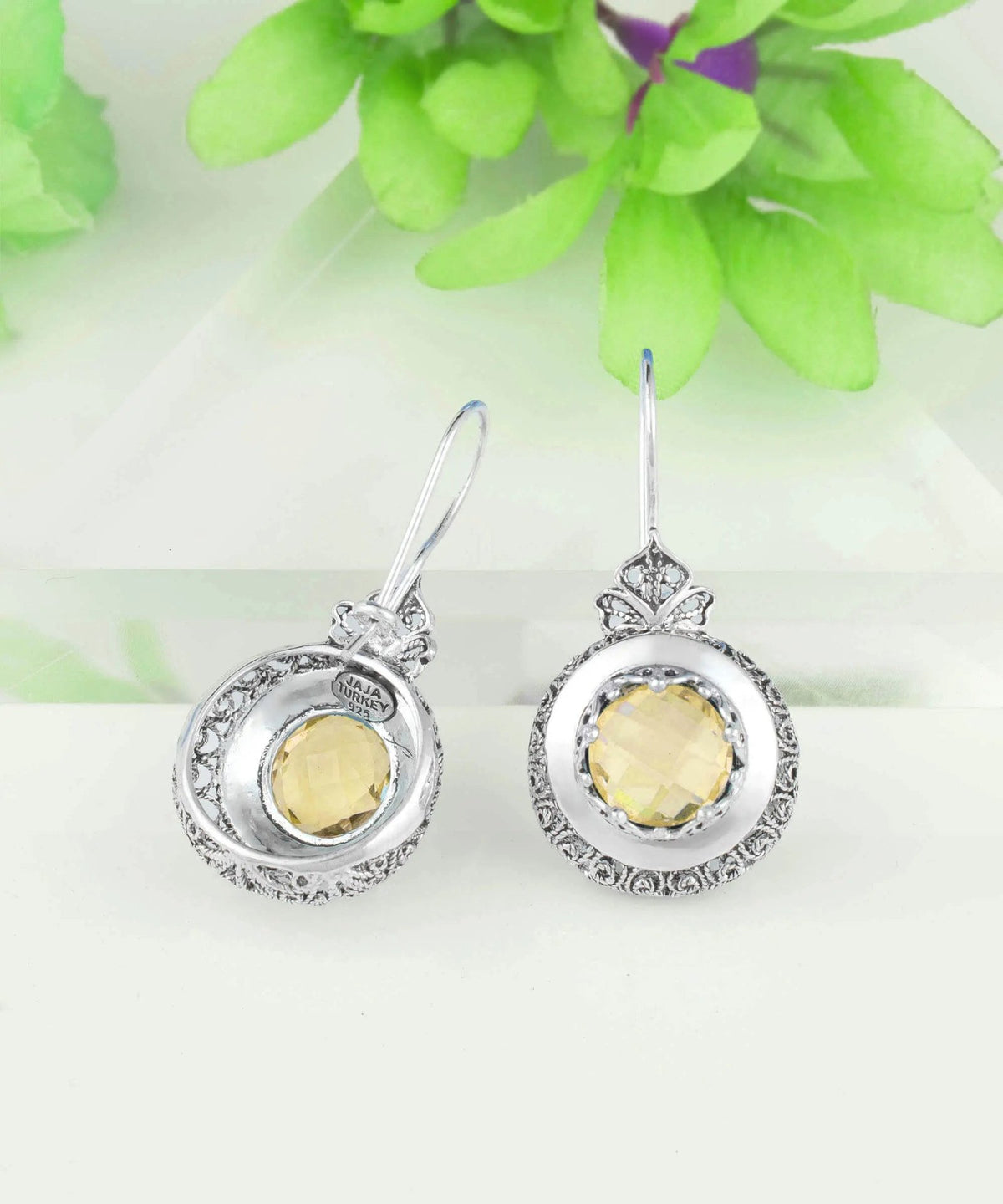 Sterling Silver Filigree Art Citrine Gemstone Women Drop Earrings - Drakoi Marketplace