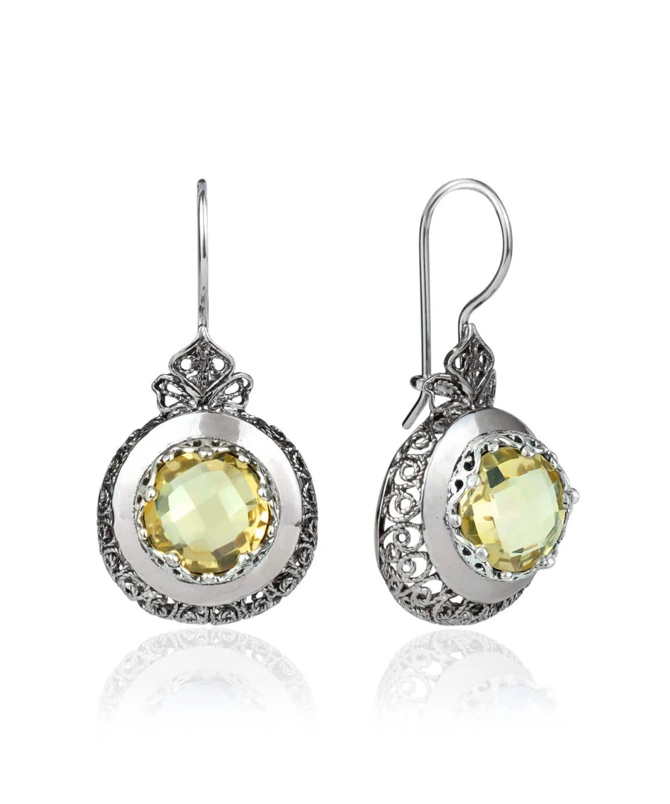 Sterling Silver Filigree Art Citrine Gemstone Women Drop Earrings - Drakoi Marketplace