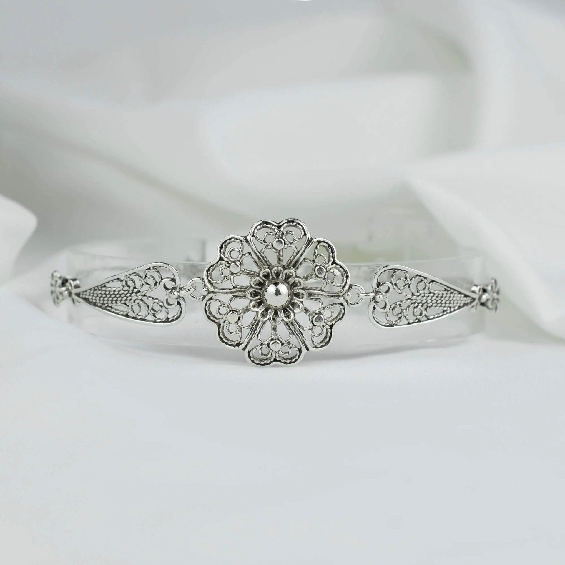 Sterling Silver Filigree Art Clover Flower Design Woman Link Bracelet - Drakoi Marketplace