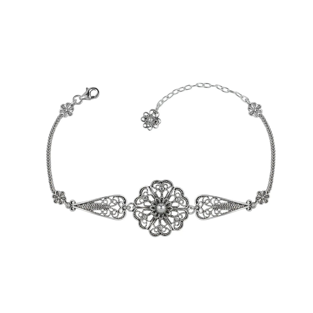 Sterling Silver Filigree Art Clover Flower Design Woman Link Bracelet - Drakoi Marketplace