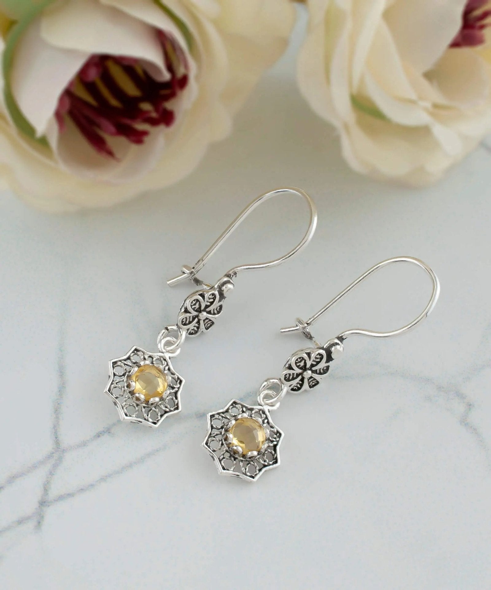 Sterling Silver Filigree Art Daisy Figured Gemstone Women Dangle Earrings - Drakoi Marketplace