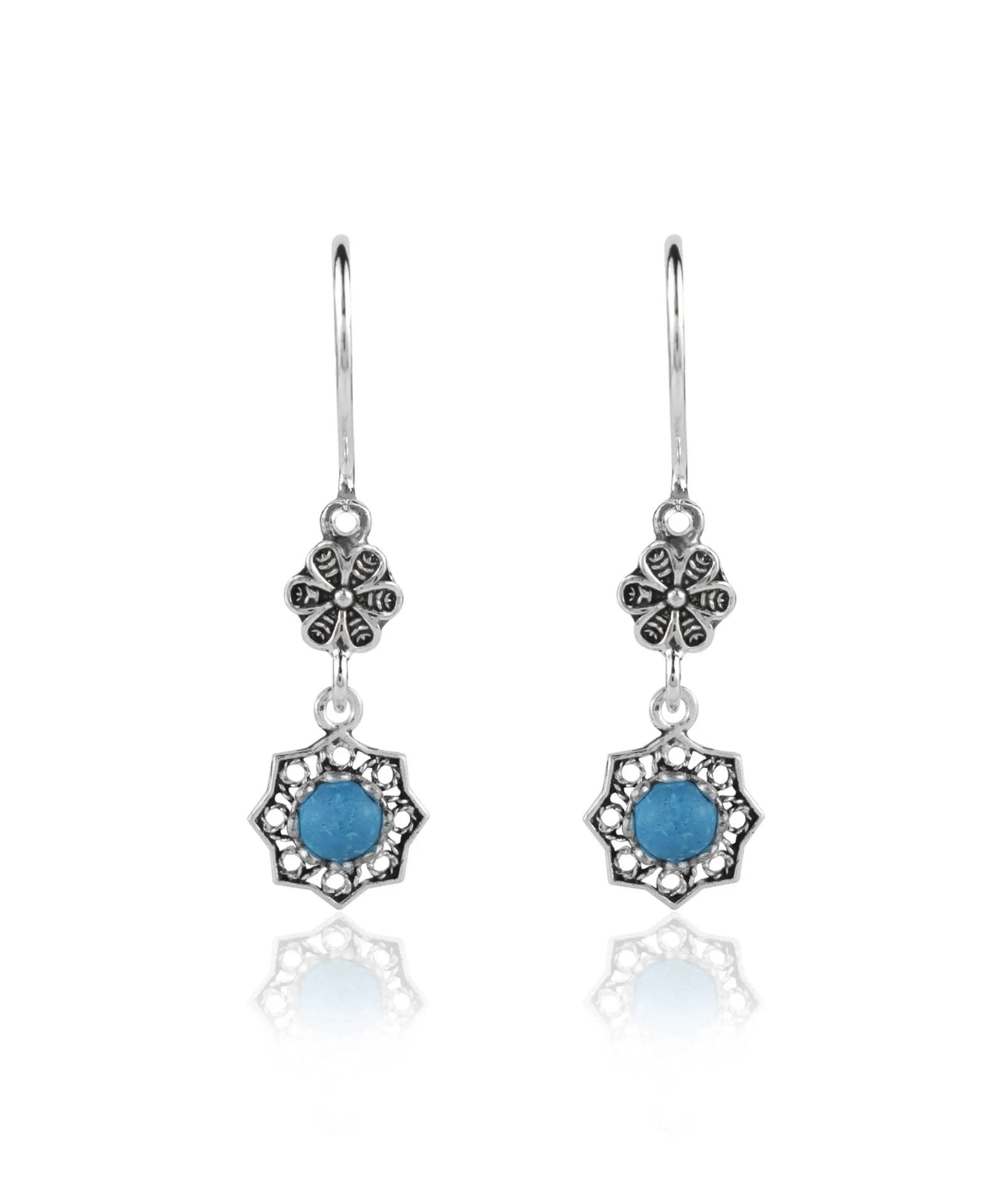 Sterling Silver Filigree Art Daisy Figured Gemstone Women Dangle Earrings - Drakoi Marketplace