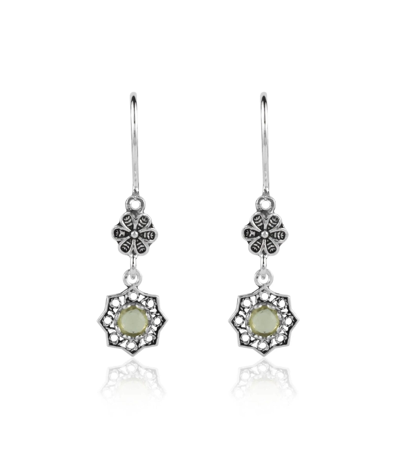 Sterling Silver Filigree Art Daisy Figured Gemstone Women Dangle Earrings - Drakoi Marketplace