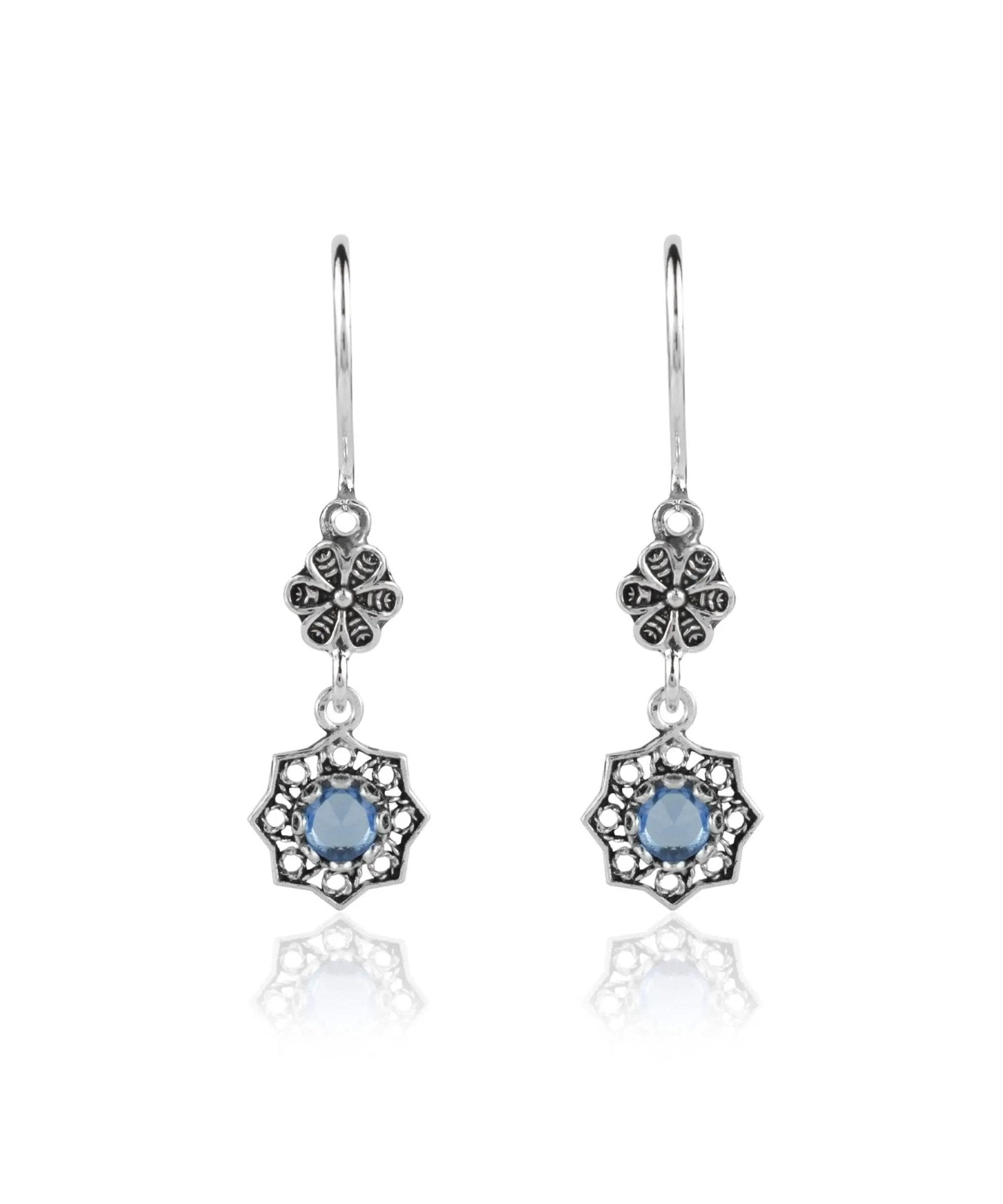 Sterling Silver Filigree Art Daisy Figured Gemstone Women Dangle Earrings - Drakoi Marketplace