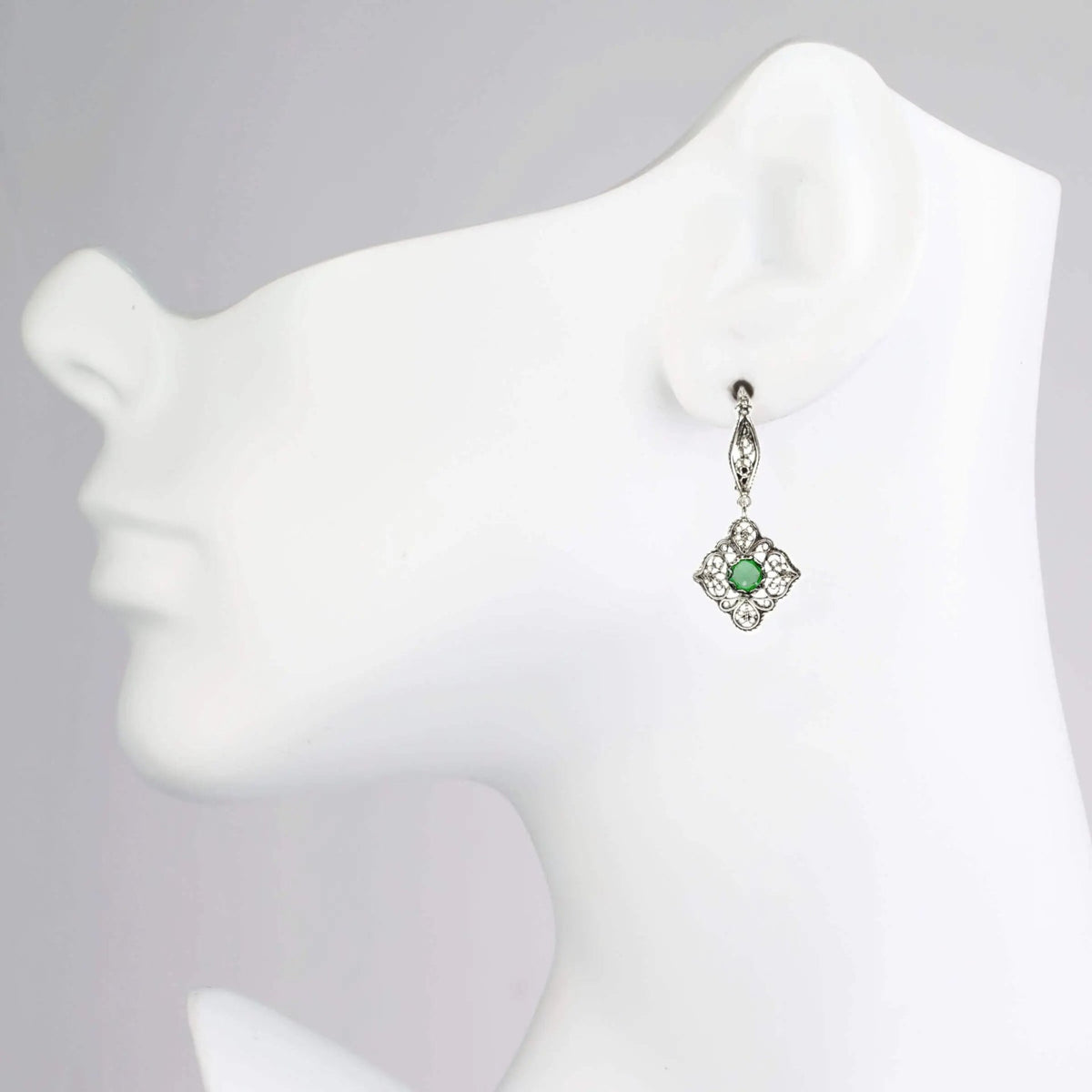 Sterling Silver Filigree Art Emerald Gemstone Woman Dangle Drop Earrings - Drakoi Marketplace