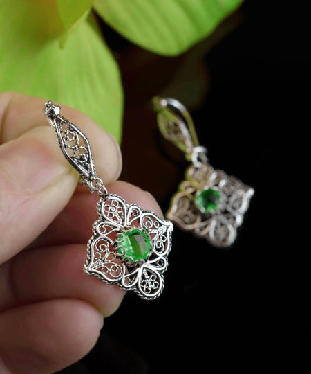 Sterling Silver Filigree Art Emerald Gemstone Woman Dangle Drop Earrings - Drakoi Marketplace