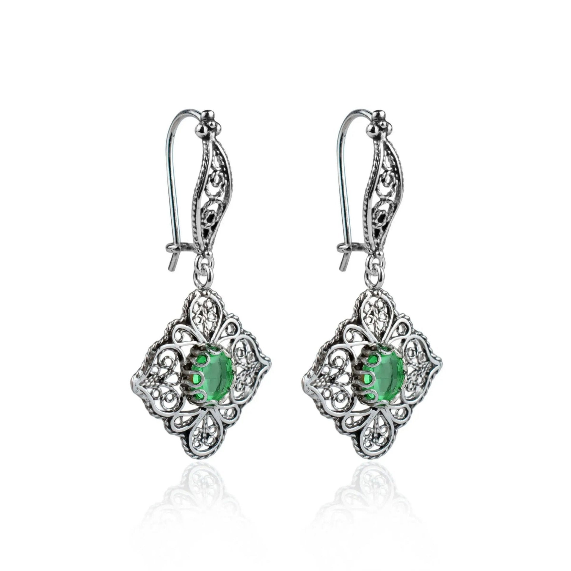 Sterling Silver Filigree Art Emerald Gemstone Woman Dangle Drop Earrings - Drakoi Marketplace