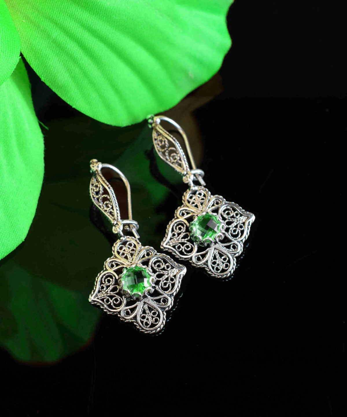 Sterling Silver Filigree Art Emerald Gemstone Woman Dangle Drop Earrings - Drakoi Marketplace