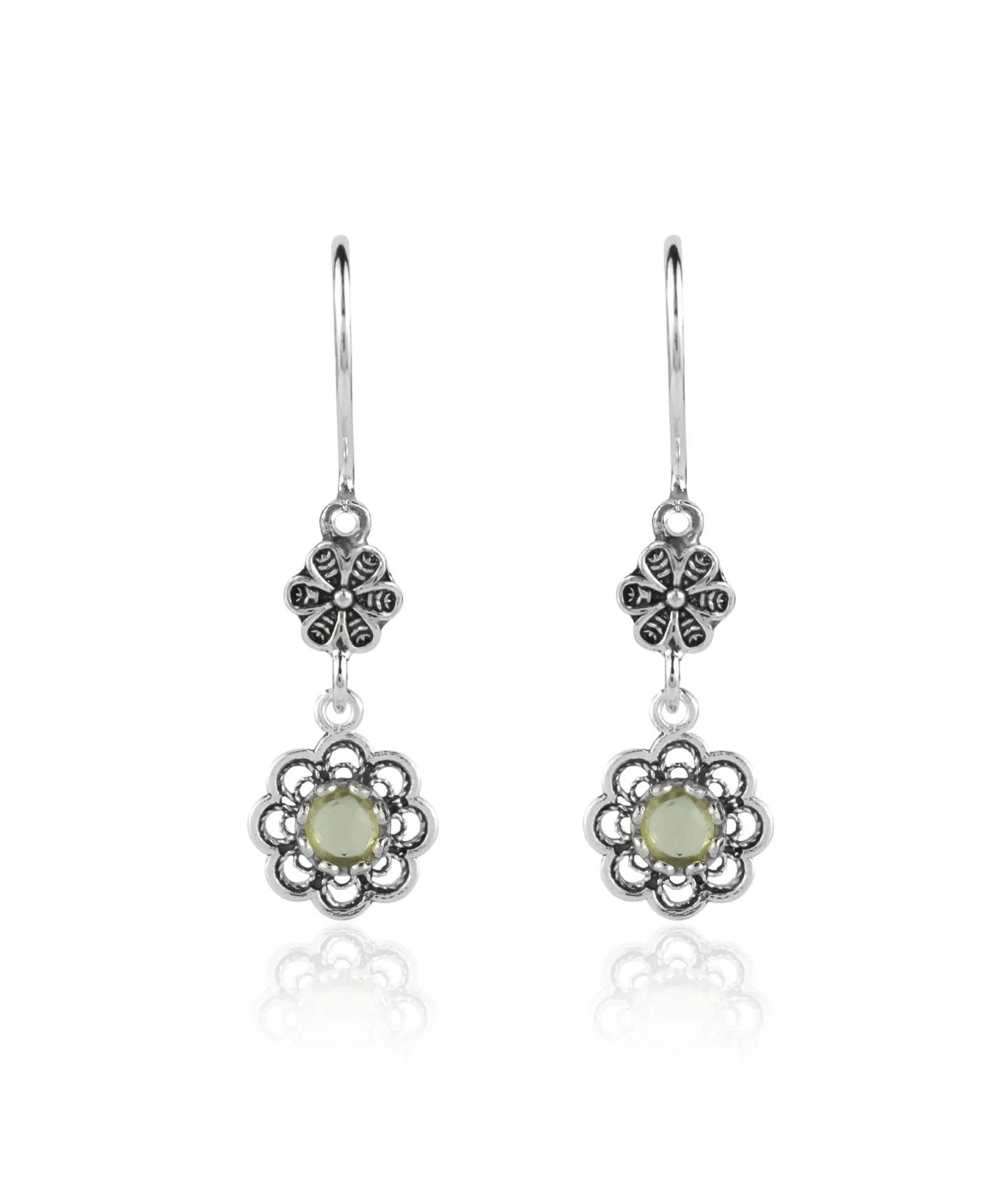 Sterling Silver Filigree Art Floral Gemstone Women Dangle Earrings - Drakoi Marketplace