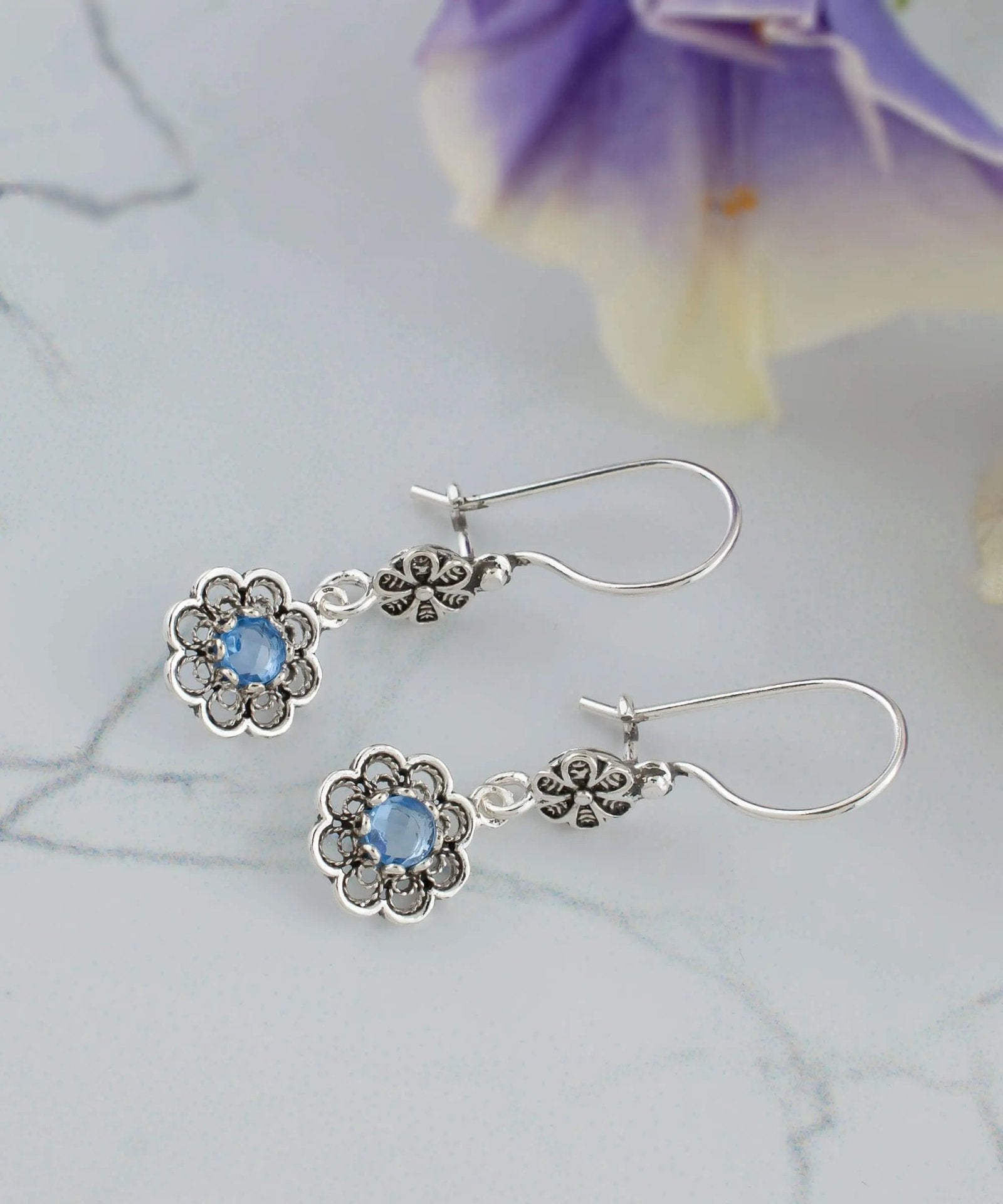 Sterling Silver Filigree Art Floral Gemstone Women Dangle Earrings - Drakoi Marketplace