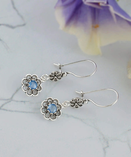 Sterling Silver Filigree Art Floral Gemstone Women Dangle Earrings - Drakoi Marketplace