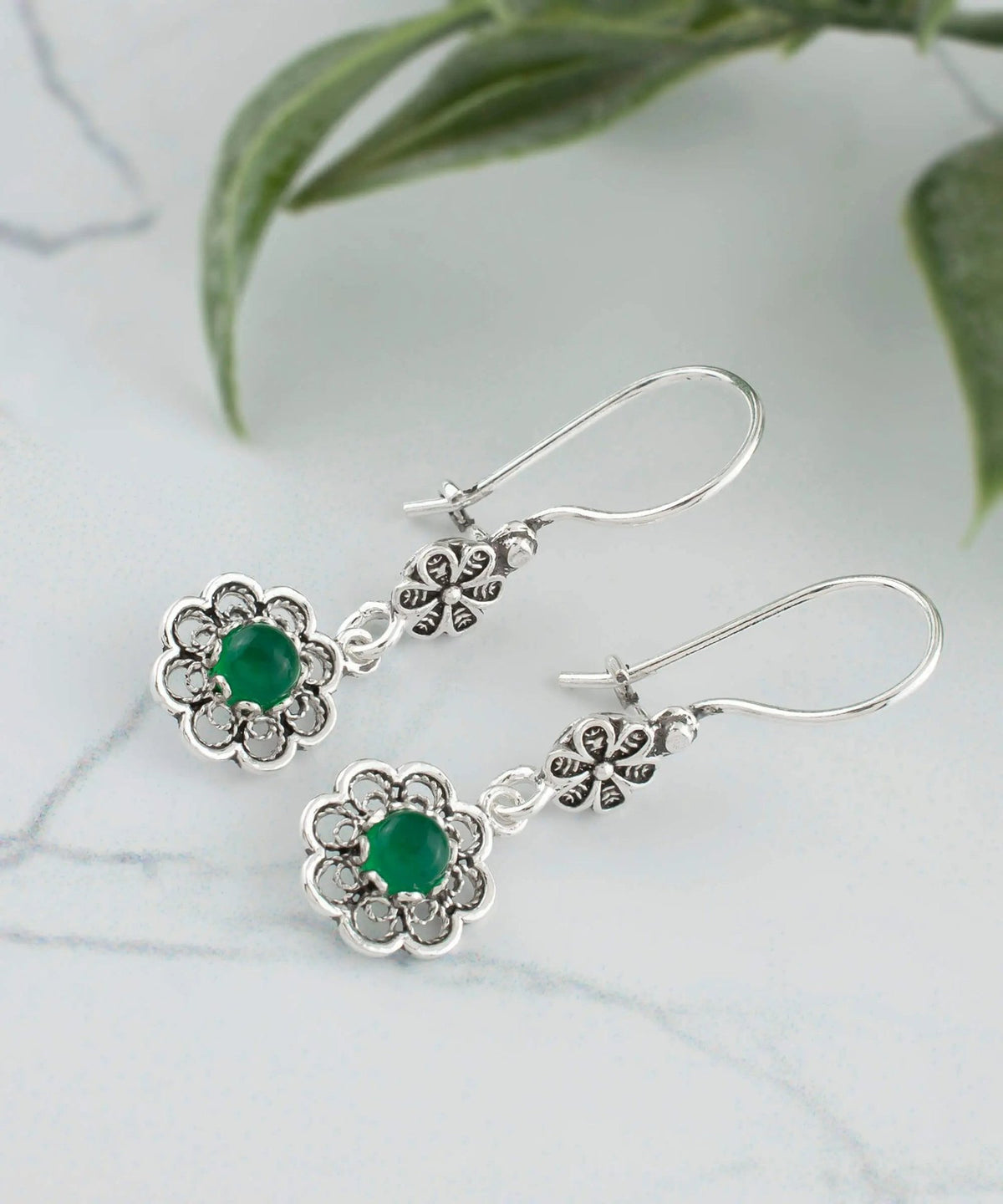 Sterling Silver Filigree Art Floral Gemstone Women Dangle Earrings - Drakoi Marketplace