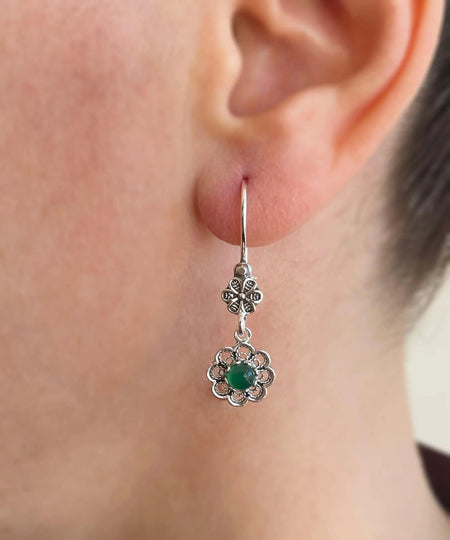 Sterling Silver Filigree Art Floral Gemstone Women Dangle Earrings - Drakoi Marketplace