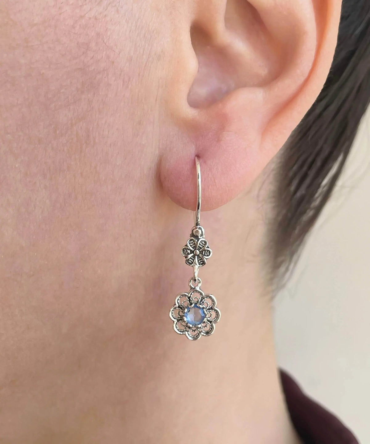 Sterling Silver Filigree Art Floral Gemstone Women Dangle Earrings - Drakoi Marketplace