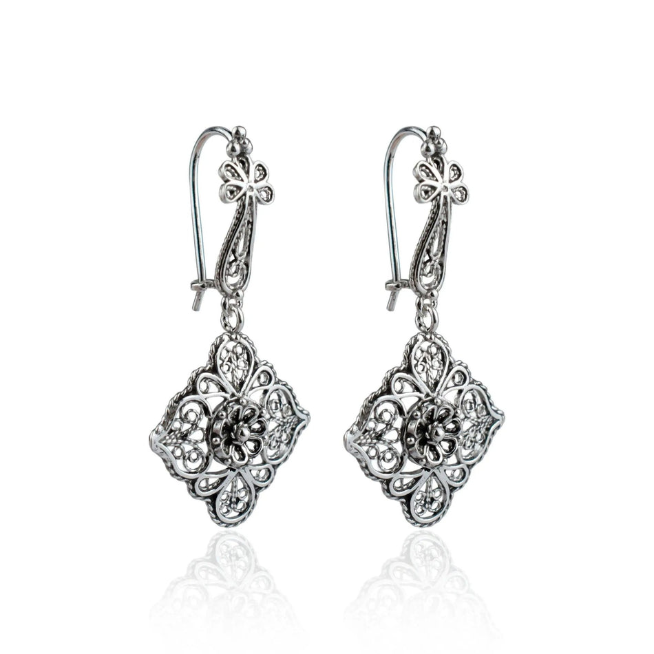 Sterling Silver Filigree Art Flower Figured Women Dangle Drop Earrings - Drakoi Marketplace