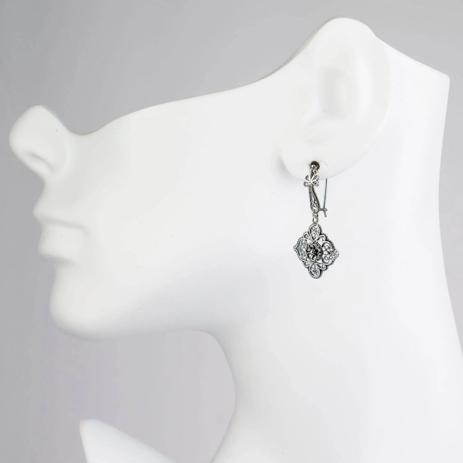 Sterling Silver Filigree Art Flower Figured Women Dangle Drop Earrings - Drakoi Marketplace