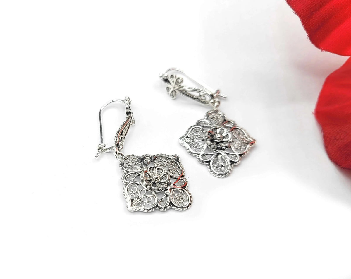 Sterling Silver Filigree Art Flower Figured Women Dangle Drop Earrings - Drakoi Marketplace